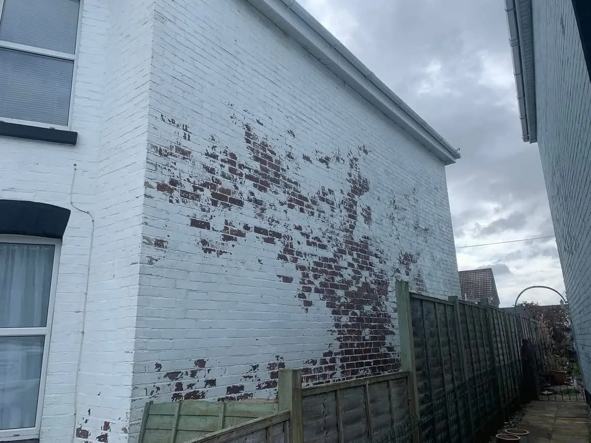 Peeling paint on a brick wall before redecoration in Dawlish