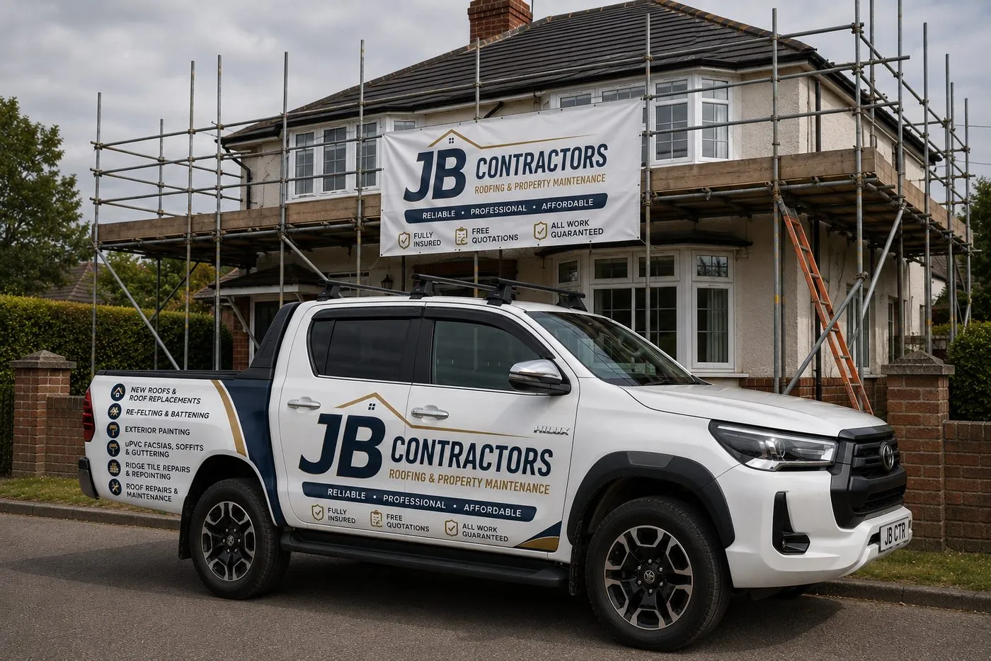 Dawlish Roofing pickup truck on site at a scaffolded roofing job in Dawlish