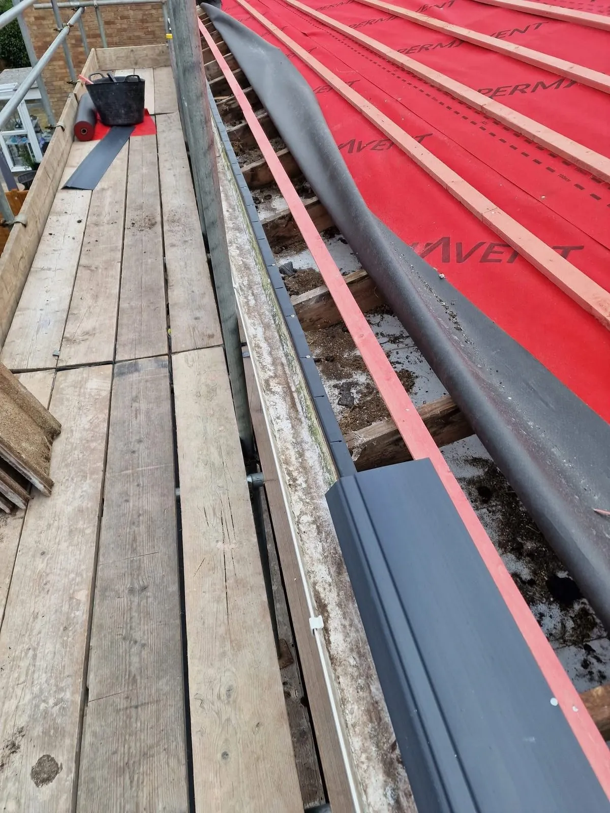 Breathable membrane and battens fitted during a re-roof in Dawlish